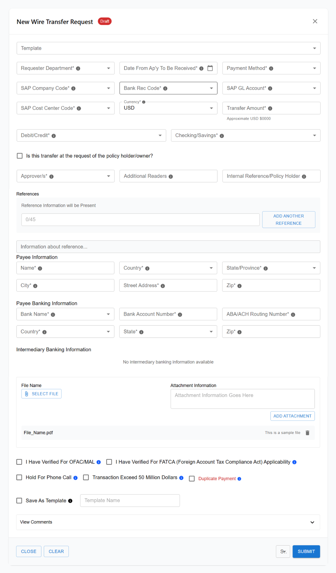 High- Fidelity Wireframe — New Wire Transfer Request Form