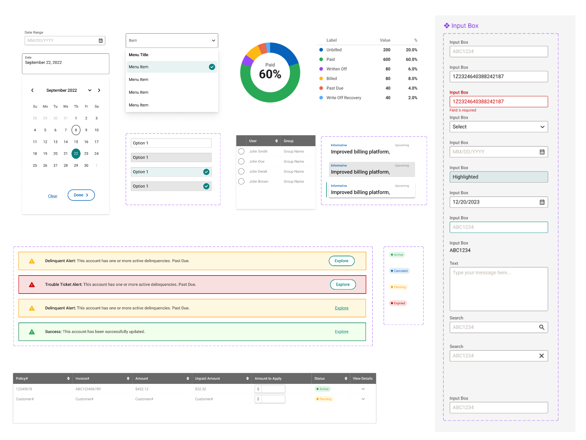 Component library — inputs, alerts, tables, calendars