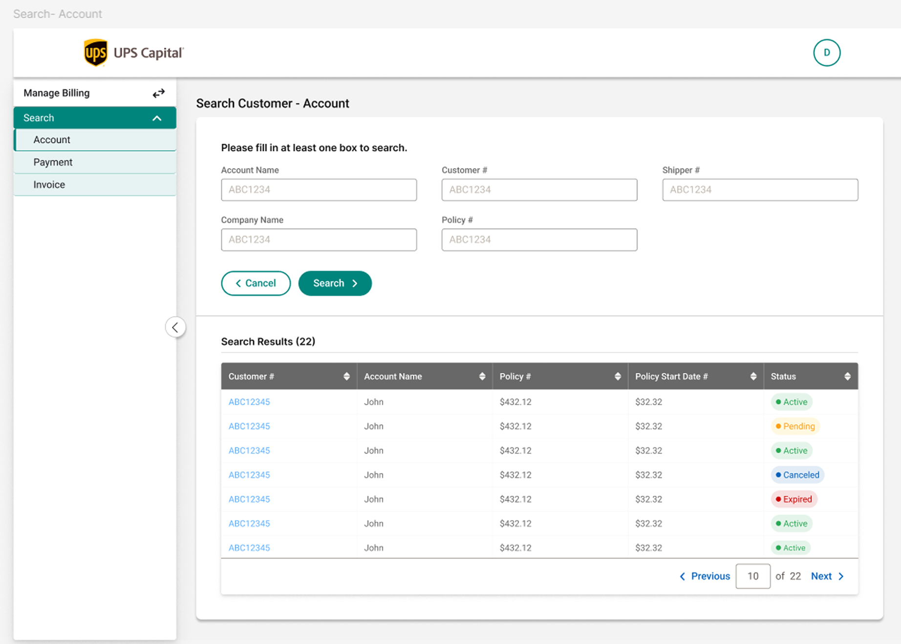 Customer search — account, payment, invoice, payor lookup