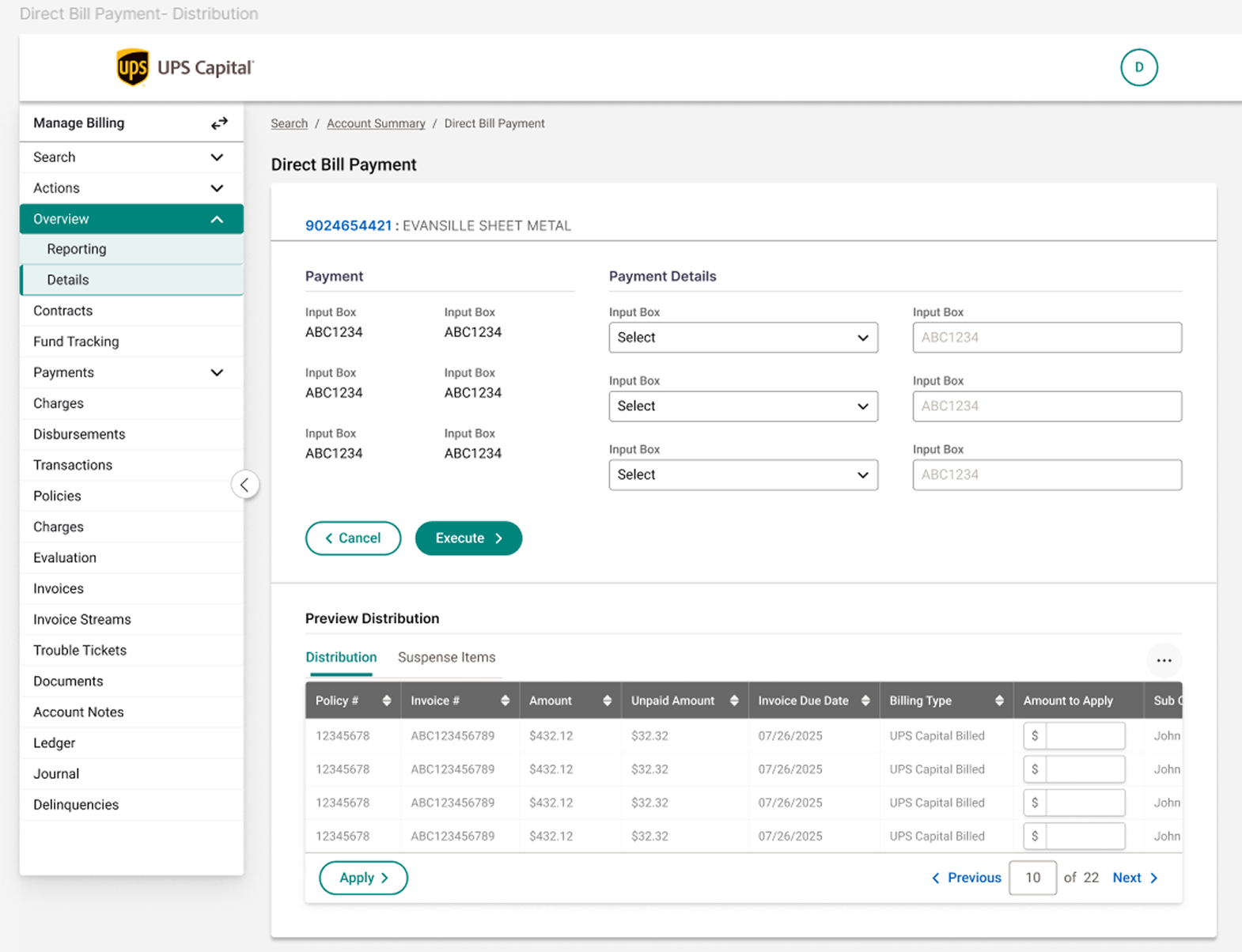 Direct bill payment — distribution view