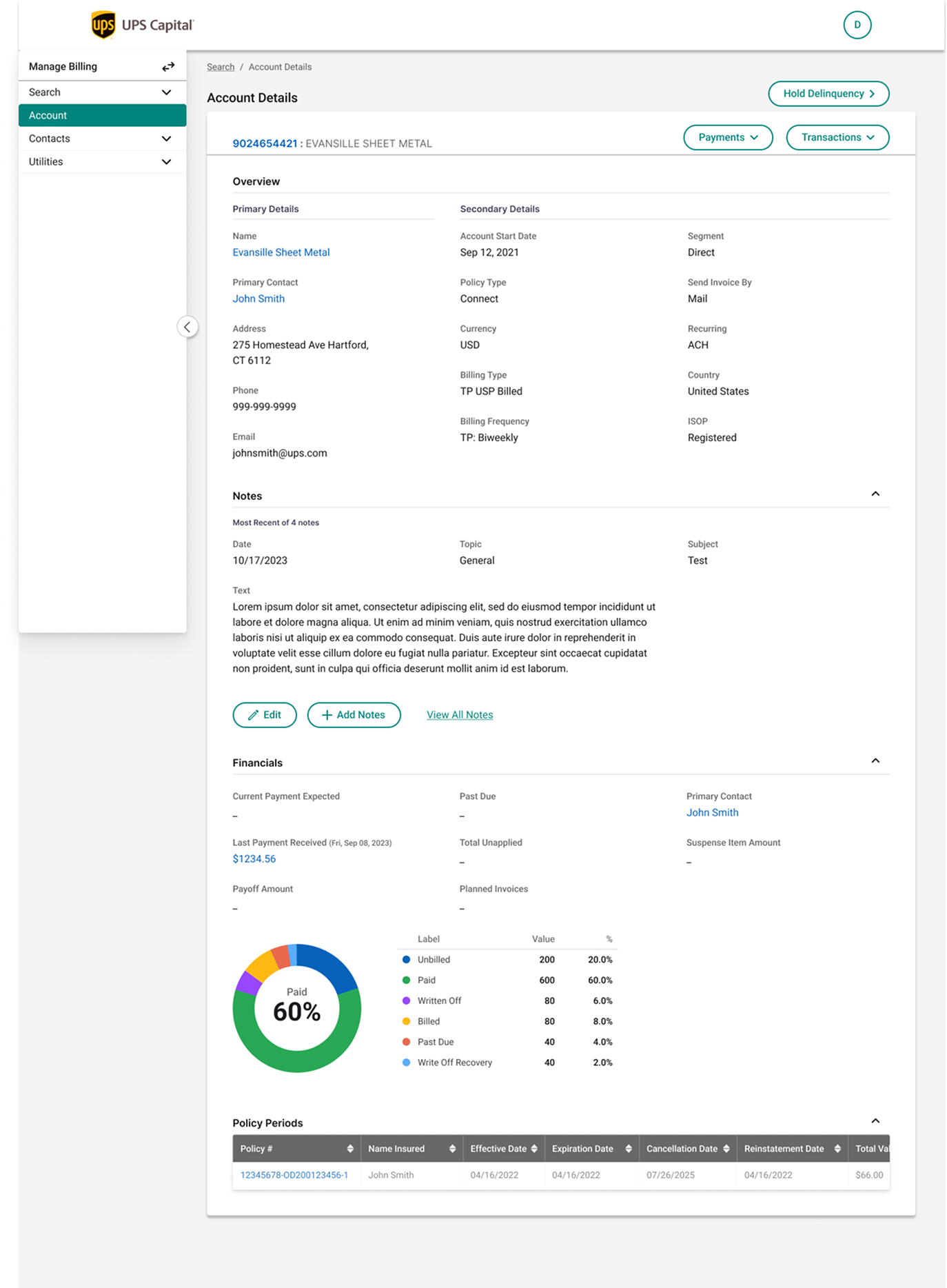 Account details — overview, financials, policy periods