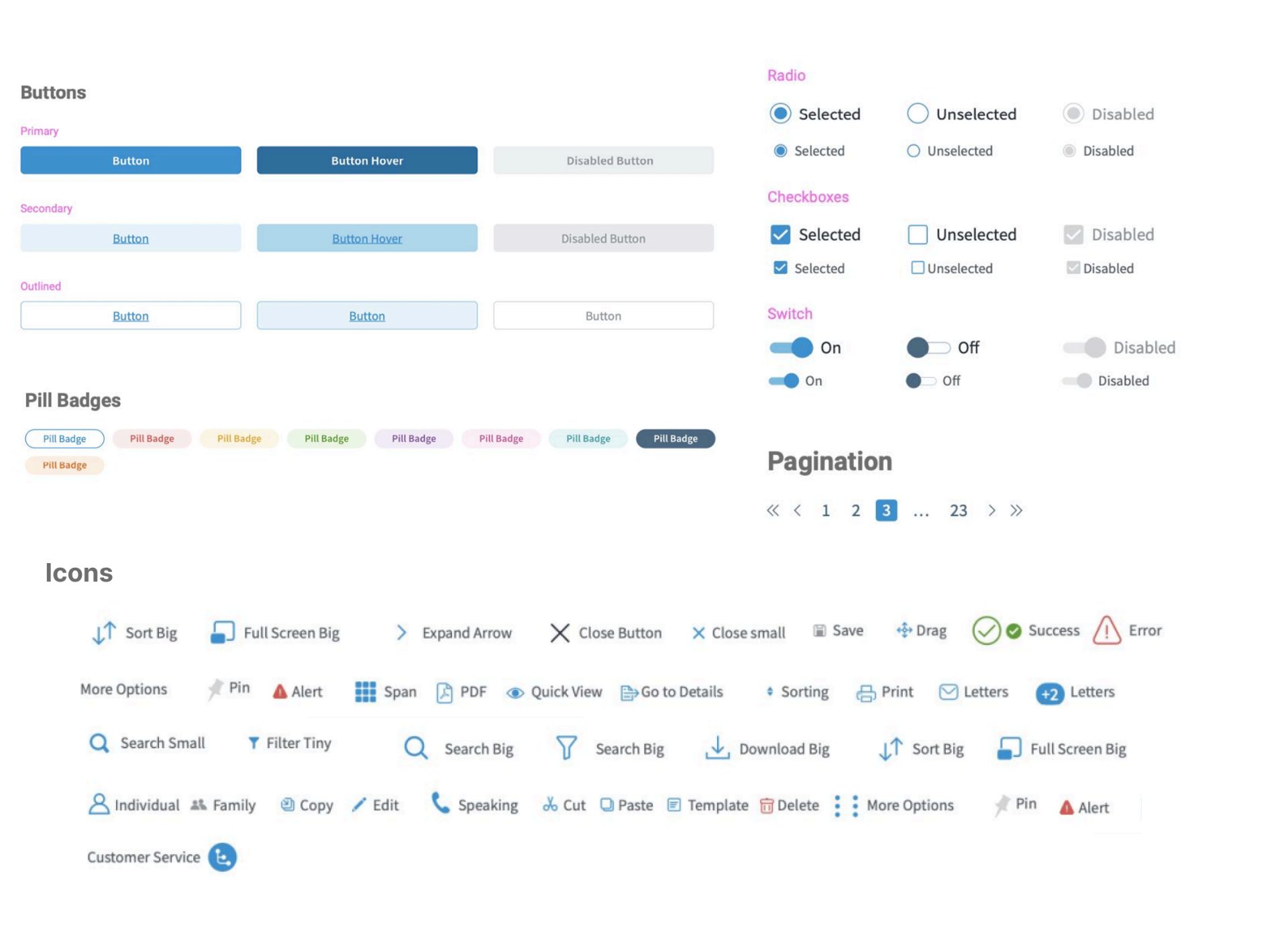 Component library — buttons, icons, interactions, pills