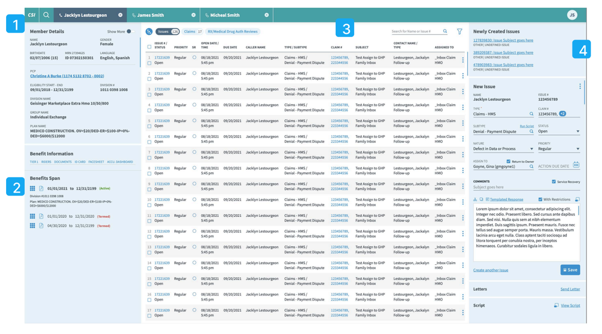 Detail Page — three-panel layout (Member, Issues, Contact Documentation)